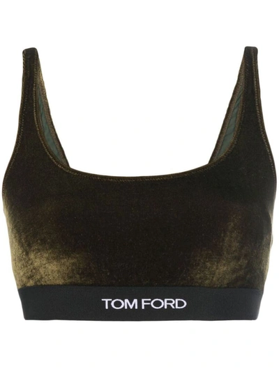 Shop Tom Ford Logo Stretch Velvet Bralette In Green