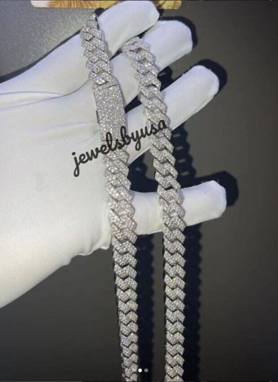 Pre-owned Nsg Studded Men's 12mmx22" Genuine Moissanite Cuban Necklace 925 Silver Free Stud In White