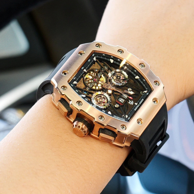 Pre-owned Reef Tiger Men Automatic Watch Mechanical Tonneau Case Multi Dial Luminous Month