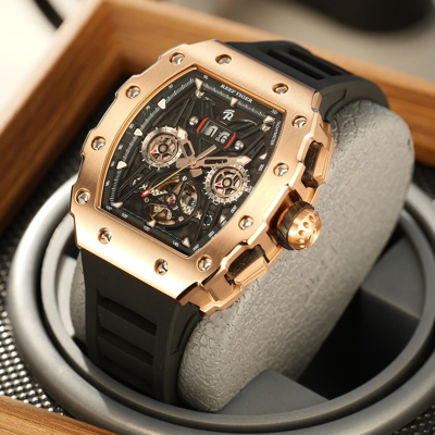 Pre-owned Reef Tiger Men Automatic Watch Mechanical Tonneau Case Multi Dial Luminous Month