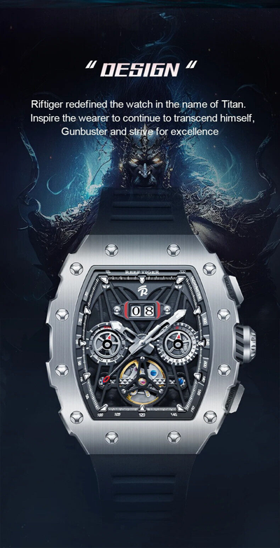 Pre-owned Reef Tiger Men Automatic Watch Mechanical Tonneau Case Multi Dial Luminous Month