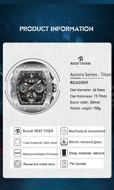Pre-owned Reef Tiger Men Automatic Watch Mechanical Tonneau Case Multi Dial Luminous Month