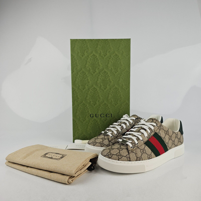 Pre-owned Gucci Ace Men's Gg Print Ebony Beige/green Sneakers