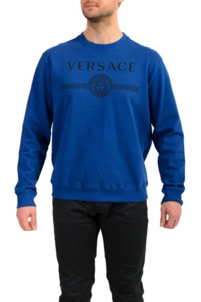 Pre-owned Versace Men's Royal Blue Logo Print Crewneck Sweatshirt