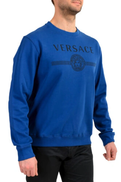 Pre-owned Versace Men's Royal Blue Logo Print Crewneck Sweatshirt
