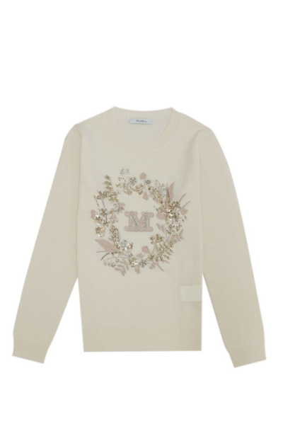 Shop Max Mara Logo Embellished Knit Sweater In White