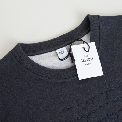 Pre-owned Berluti 1110$ Embroidered Scritto Sweatshirt - Dark Grey Melange, Fleece Cotton