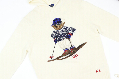 Pre-owned Polo Ralph Lauren Wool Hooded Polo Bear Sweater - Cream With Preppy Bear Skiier In White