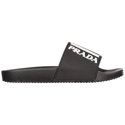 Pre-owned Prada Slides Men Logo 4x3204_b4o_f0967 Nero + Bianco Black Rubber Detail