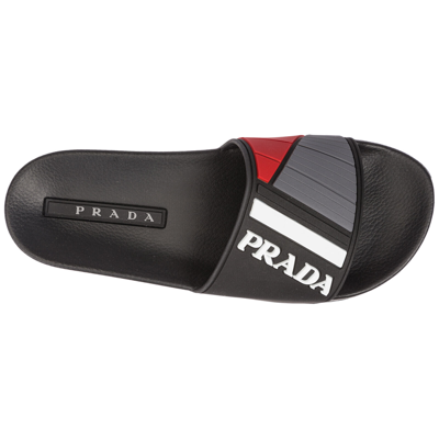 Pre-owned Prada Slides Men Logo 4x3204_b4o_f0967 Nero + Bianco Black Rubber Detail