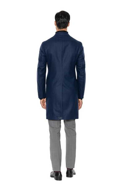 Pre-owned Eidos $1900  By Isaia Napoli Blue Overcoat Double Stitched Wool 38 Us / 48 Eu