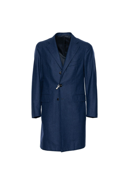 Pre-owned Eidos $1900  By Isaia Napoli Blue Overcoat Double Stitched Wool 38 Us / 48 Eu
