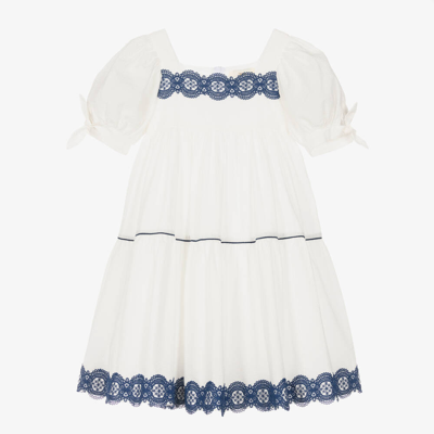 Shop The Middle Daughter Girls White & Blue Cotton Tiered Dress
