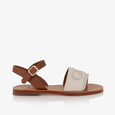Shop Chloé Girls Ivory Leather Embroidered Sandals