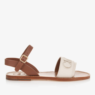 Shop Chloé Teen Girls Ivory Leather Embroidered Sandals