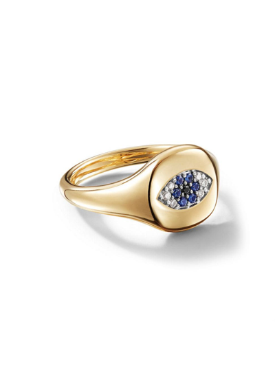 Shop David Yurman Women's Cable Collectibles Evil Eye Pinky Ring In 18k Yellow Gold In Light Blue Sapphire
