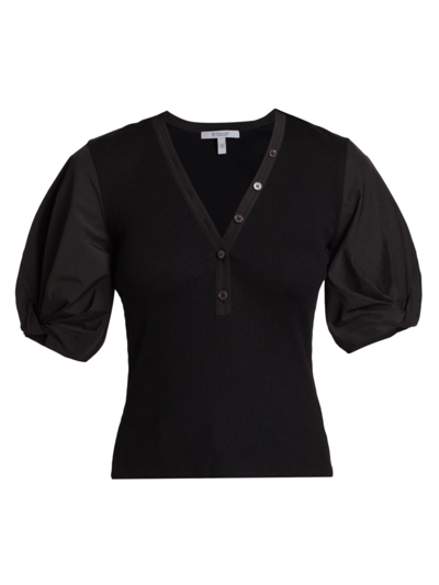 Shop Derek Lam 10 Crosby Women's Fallon Cotton-blend Ribbed Puff-sleeve Blouse In Black