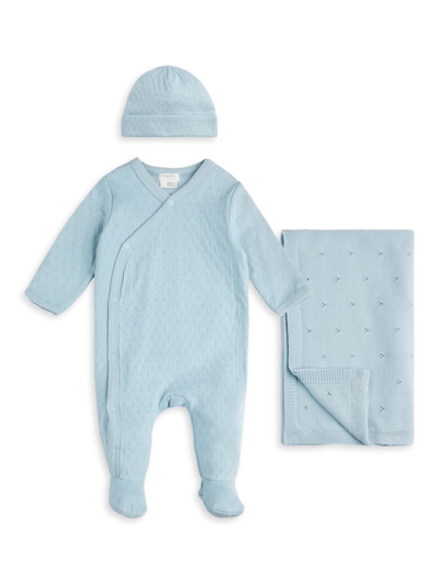 Shop Firsts By Petit Lem Baby Girl's Petit Lem Peony Pointelle Knitted Sleeper, Blanket, & Beanie Set In Light Blue