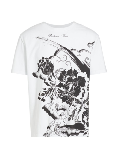 Shop Balmain Men's Flower Print T-shirt In Blanc Noir
