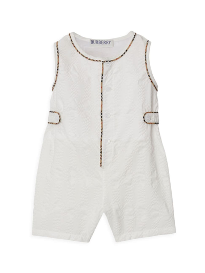 Shop Burberry Baby's Seersucker Sleeveless Playsuit & Hat Set In White