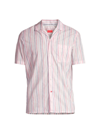 Shop Isaia Men's Camp Collar Shirt In Pink Brush Stripe
