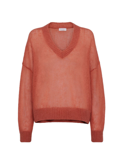 Shop Brunello Cucinelli Women's Mohair And Wool Sweater With Monili In Orange