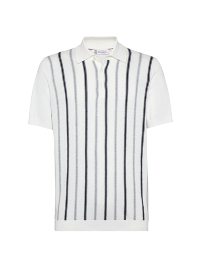 Shop Brunello Cucinelli Men's Cotton Knit Lightweight Polo With Jacquard Stripes In Panama