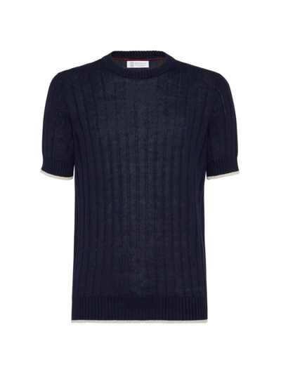 Shop Brunello Cucinelli Men's Linen And Cotton Flat Rib Knit T-shirt In Navy Blue