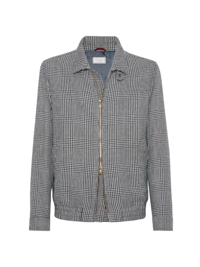Shop Brunello Cucinelli Men's Linen, Silk, Wool And Cotton Prince Of Wales Outerwear Jacket In Grey