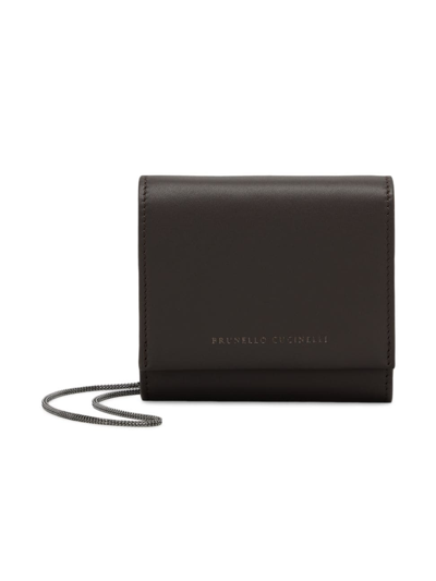 Shop Brunello Cucinelli Women's Calfskin Wallet With Precious Chain In Brown