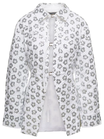 Shop Jacquemus 'la Chemise Lavoir Brodéè' White Shirt With Paillettes Embroidery In Stretch Cotton Woman