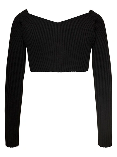 Shop Jacquemus 'la Maille Pralù' Black Cropped Cardigan With Golden Logo In Stretch Viscose Woman