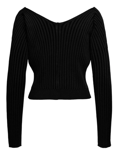 Shop Jacquemus 'la Maille Pralu Longue' Black Ribbed Cardigan With Logo Charm Woman