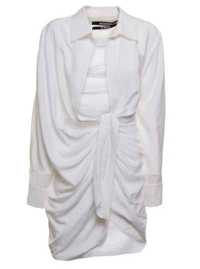 Shop Jacquemus 'la Robe Bahia' White Short Draped Shirt Dress In Viscose Woman