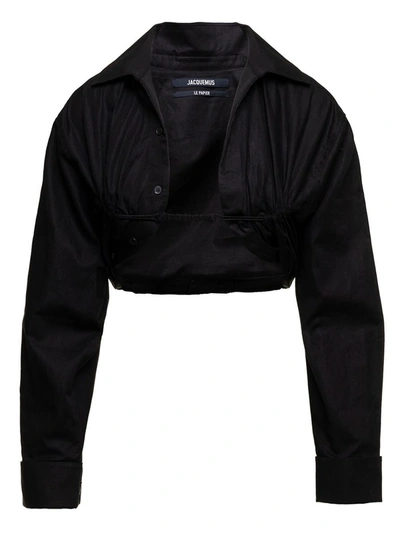 Shop Jacquemus 'le Chemise Machou' Black Gathered Cropped Shirt In Cotton And Linen Woman