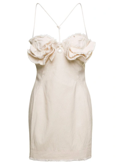 Shop Jacquemus 'le Robe Artichaut' Frayed Mini White Dress With Ruffled Bust In Cotton Woman