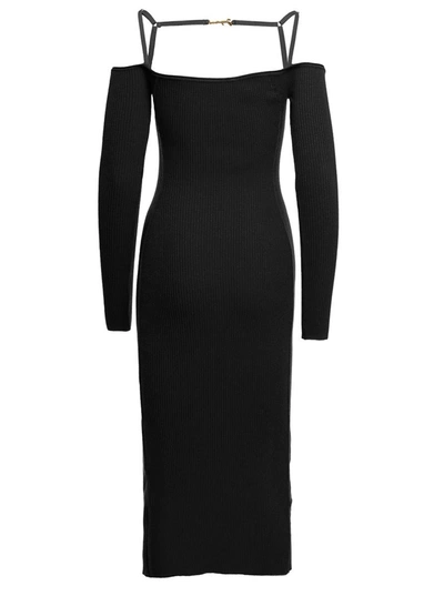 Shop Jacquemus 'le Robe Sierra' Long Black Ribbed Off-the-shoulder Dress In Viscose Blend Woman
