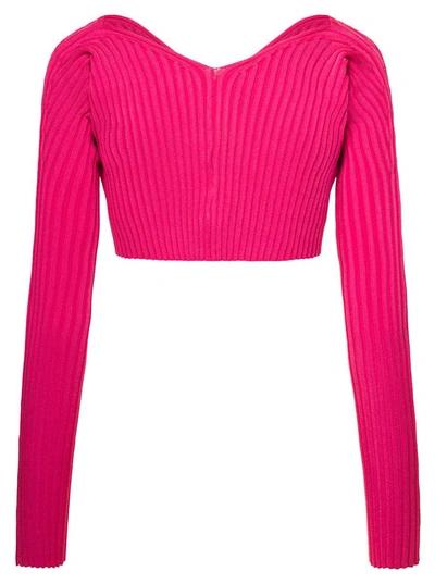 Shop Jacquemus 'pralù' Pink Ribbed Cropped Cardigan In Viscose Woman In Fuxia