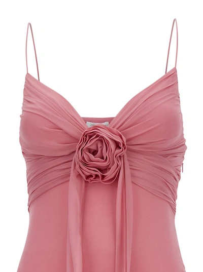 Shop Blumarine Pink Draped Maxi Dress With Rose Applique In Silk Woman