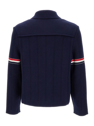 Shop Thom Browne Dark Blue Knitted Jacket With Tricolor Details In Cotton Blend Man