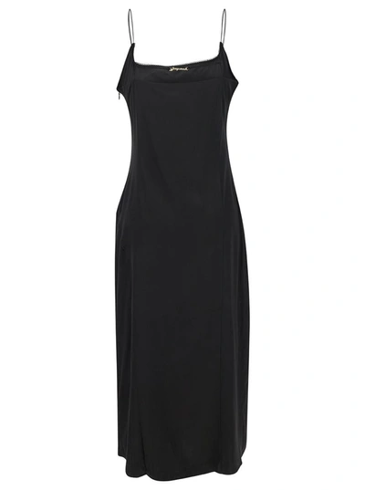 Shop Jacquemus 'la Robe Notte' Midi Black Dress With Logo Detail And Split In Viscose Blend Woman