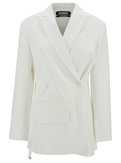 Shop Jacquemus 'la Veste Tibau' White Asymmetric Double-breasted Jacket In Viscose Woman