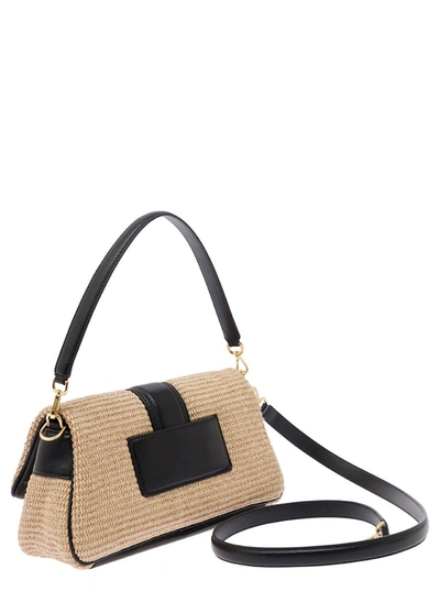 Shop Jacquemus 'le Bambimou' Beige Shoulder Bag With Logo Lettering Detail In Rafia And Leather Woman In White/black