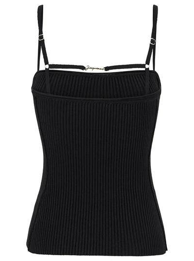 Shop Jacquemus 'le Haut Sierra' Black Ribbed Top With Logo Detail In Viscose Blend Woman