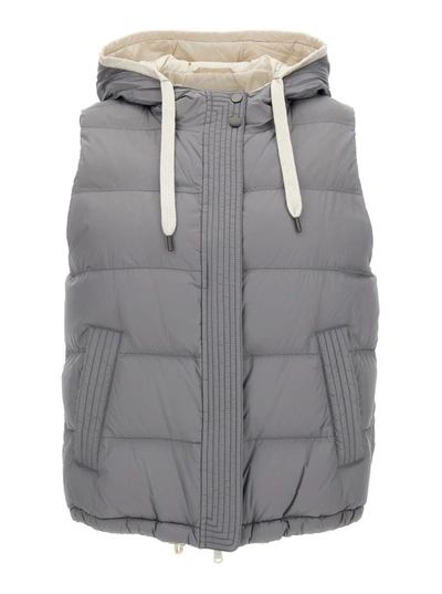 Shop Brunello Cucinelli Grey Hooded Padded Gilet In Technical Fabric Woman In White