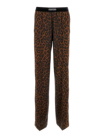 Shop Tom Ford Brown Leopard Print Straight Trousers In Silk Blend Woman