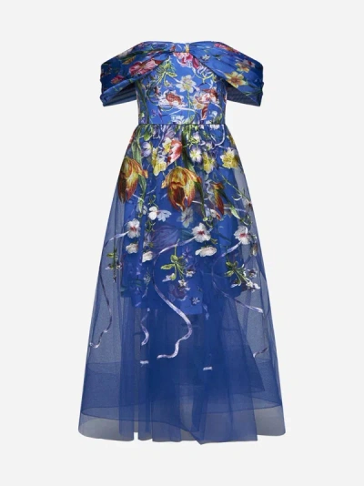 Shop Marchesa Notte Embroidered Tulle Midi Dress In Blue