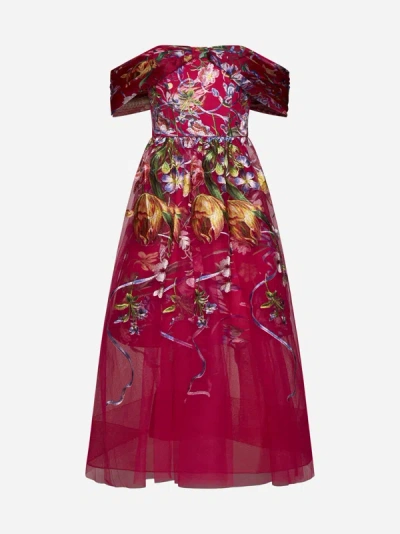 Shop Marchesa Notte Embroidered Tulle Midi Dress In Fuchsia