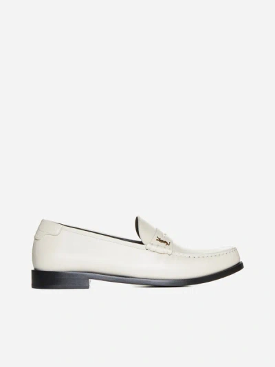 Shop Saint Laurent Ysl Logo Leather Loafers In Pearl