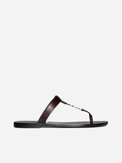 Shop Saint Laurent Cassandre Toe-post Leather Sandals In Dark Brown